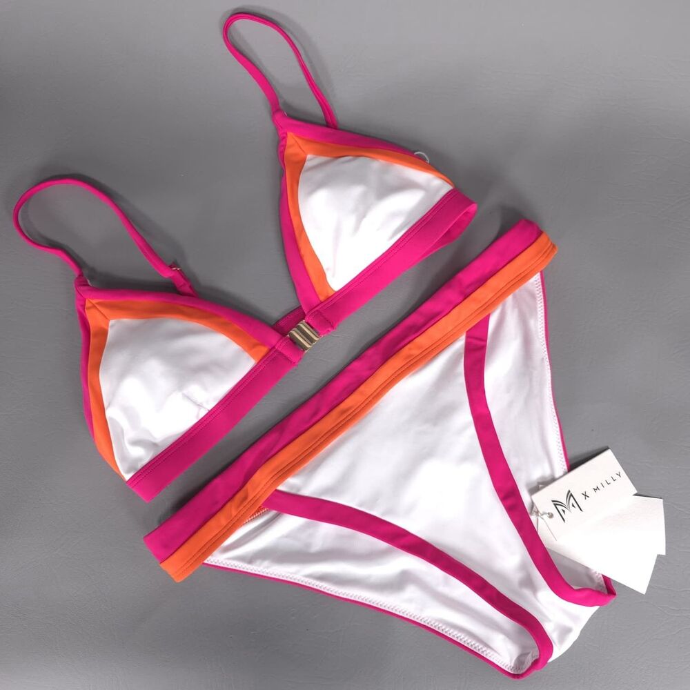 MILLY New Bikini Set SMALL Positano White Pink Orange Triangle Swimwear T18Z01